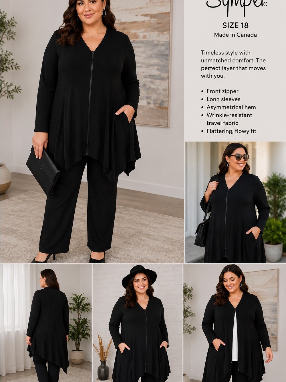 Sympli Black Zip Front Tunic Top Jacket Size 18 Made in Canada